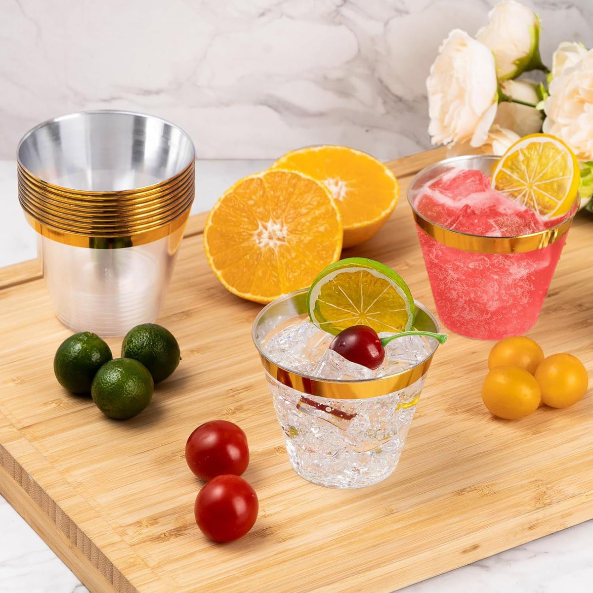 Goodluck 50PCS 9oz Gold Plastic Cups for Party, Disposable Gold Rim Cups, Plastic Cocktail Glasses for Wedding Thanksgiving, Christmas, and Parties