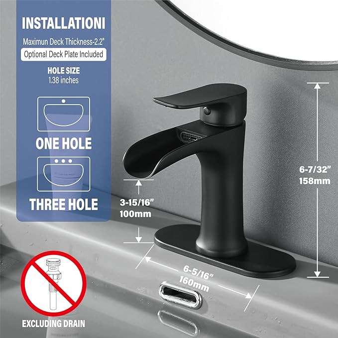 Yundoom Matte Black Bathroom Faucet,Bathroom Sink Faucet,Waterfall Bathroom Faucet,Single Hole Or 3 Hole Bathroom Faucet with 4 Inch Deck Plate,Farmhouse Rv Brass Bathroom Faucet,BF02.