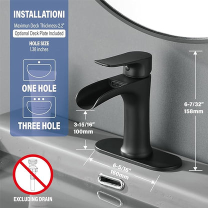 Yundoom Matte Black Bathroom Faucet,Bathroom Sink Faucet,Waterfall Bathroom Faucet,Single Hole Or 3 Hole Bathroom Faucet with 4 Inch Deck Plate,Farmhouse Rv Brass Bathroom Faucet,BF02.