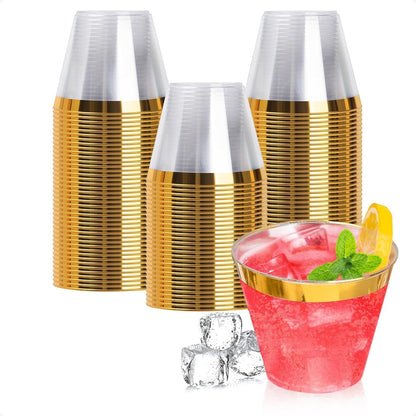 Goodluck 50PCS 9oz Gold Plastic Cups for Party, Disposable Gold Rim Cups, Plastic Cocktail Glasses for Wedding Thanksgiving, Christmas, and Parties