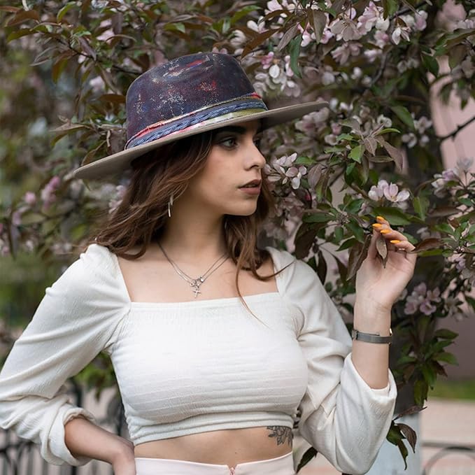RUEDIGER Wide Brim Fedora Hats for Men Women 100% Wool Felt Panama Rancher Hat with Lightning Logo Distressed/Burned Handmade