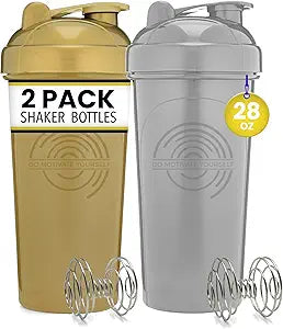 [2 Pack] 28-Ounce Shaker Bottle (Gold, Silver) | Protein Shaker Cup 2-Pack with Agitators | Protein Shaker Bottle Set is BPA Free and Dishwasher Safe