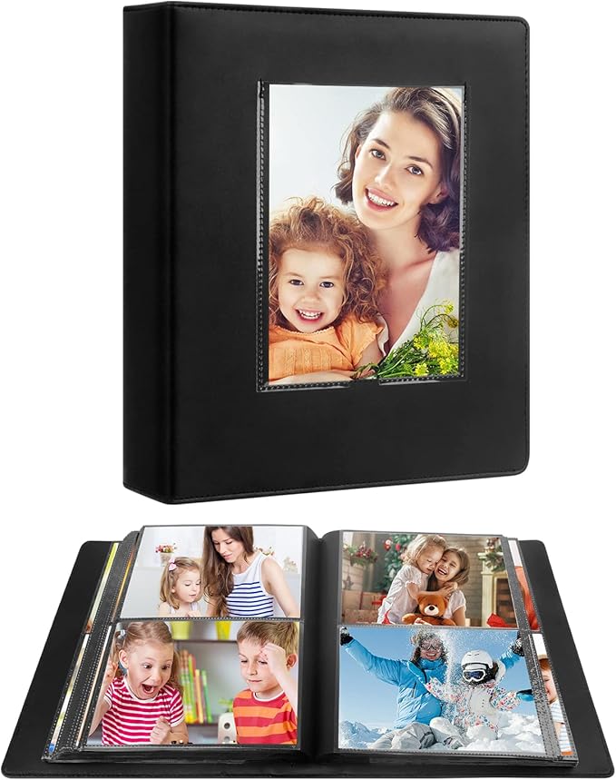 Aevdor 272 Pockets Photo Album 5x7 Holds 272 Photos, Extra Large Capacity Leather Cover 5x7 Photo Album with Front Window for Family Wedding Baby Pictures, 5x7 Photo Book with Black Inner Pages, Black