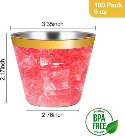 Goodluck 50PCS 9oz Gold Plastic Cups for Party, Disposable Gold Rim Cups, Plastic Cocktail Glasses for Wedding Thanksgiving, Christmas, and Parties