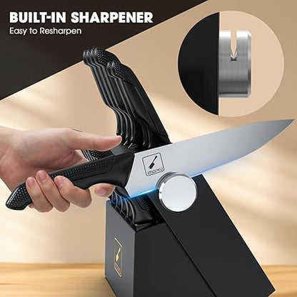 iMarku 14-Piece Professional Knife Set with Built-in Sharpener, Stainless Steel Blades, Non-Slip Ergonomic Handles, Dishwasher Safe, Black