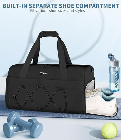 ETRONIK Gym Bag for Women, Travel Duffle Bag with Shoe Compartment  Wet Pocket, Carry On Weekender Overnight Tote Bag for Women Men, Travel, Workout, Yoga, Swimming, Black