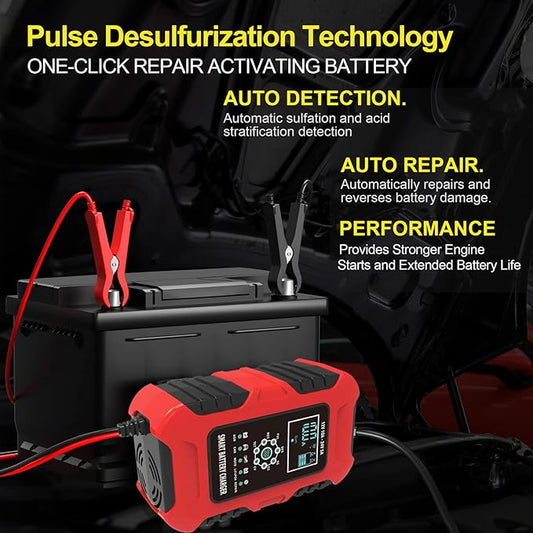 Battery Trickle Charger 12V  24V,10-Amp Multifunctional Battery Charger WetGELSLALiFePO4Lead-AcidAGM Batteries,7-Stage Quick Charger Truck Motorcycle Car ATV Lawn mower RV Tractor, Red