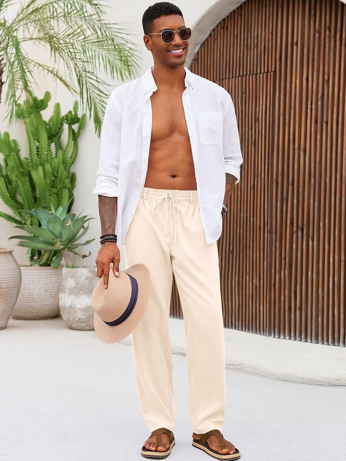Runcati Mens Casual Pants Linen Elastic Waist Drawstring Lightweight Pants Loose Fit Summer Beach Yoga Trouser.