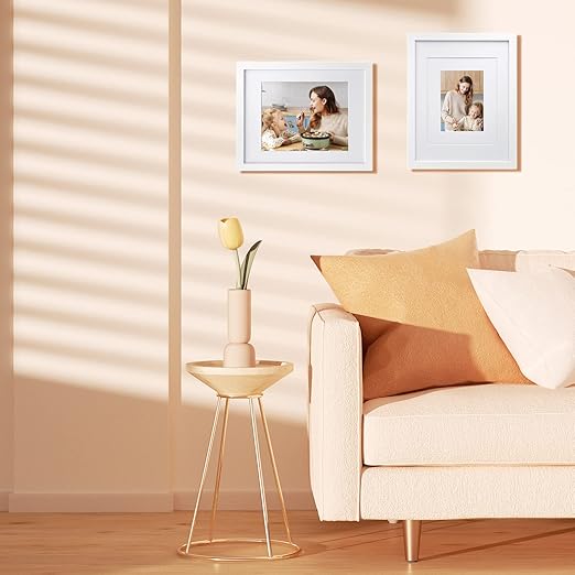 Egofine 11x14 Picture Frame White - Photo Frame Made of Solid Wood Covered by Plexiglass for Table Top Display Pictures 5x7/8x10 with Mat or 11x14 Without Mat - with Wall Mounting Hardware