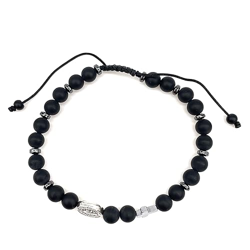 Black Onyx Beads and Adjustable St. Benedict Cross Bracelet for Men