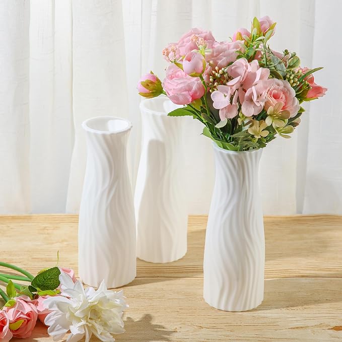 Hoolerry 12 Pcs White Flower Vases Bulk for Centerpieces Plastic White Bud Vase for Flowers Ceramic Look Flower Vase Decorative Tall Unbreakable Vase for Flowers Home Office Table(Elegant Style)