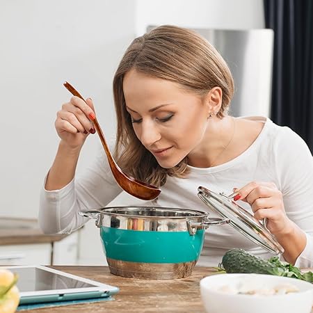 Wooden Ladle Long Handle Spoon For Soup Deep Serving Spoon Large Kitchen Teak Ladles For Cookware Versatile Utensil 10 Inch Smooth Finish Lightweight Natural Texture