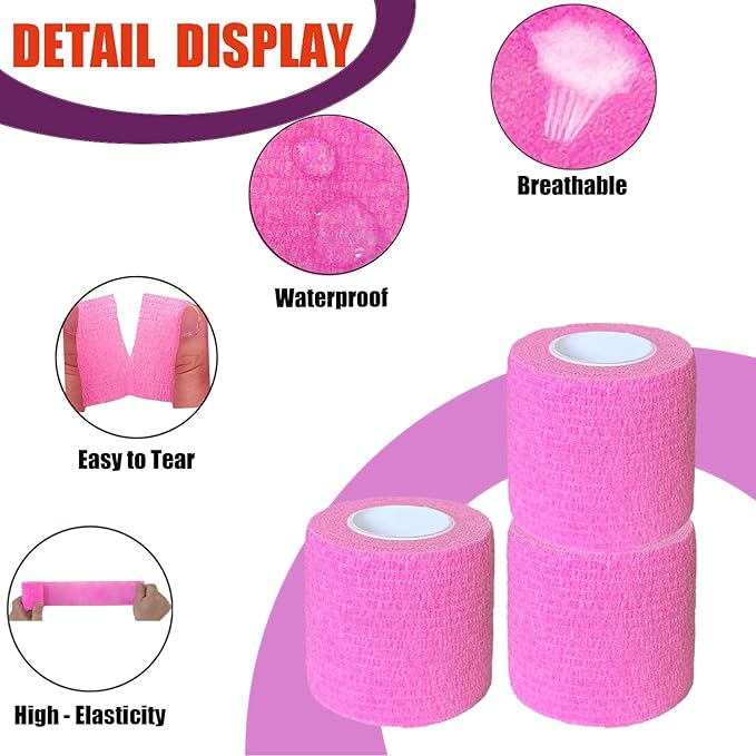 3 Pack 2 Inches Self Adhesive Bandage Wrap Vet Wrap for Pets, Stretch Self Adherent Tape Cohesive Wrap for Athletic, Sports, Wrist and Ankle(Pink)