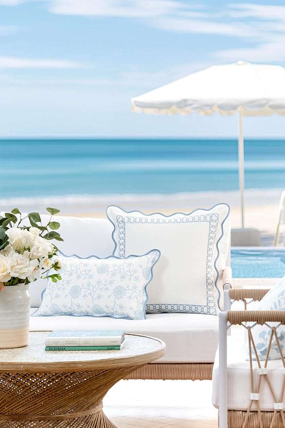 Hofdeco Premium Coastal Patio Indoor Outdoor Scalloped Lumbar Pillow Cover Only, 12"x20" Water Repellent for Backyard, Couch, Baby Blue Embroidered Begonia Pattern Chain Frame