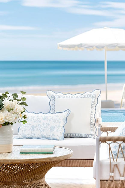 Hofdeco Premium Coastal Patio Indoor Outdoor Scalloped Lumbar Pillow Cover Only, 12"x20" Water Repellent for Backyard, Couch, Baby Blue Embroidered Begonia Pattern Chain Frame