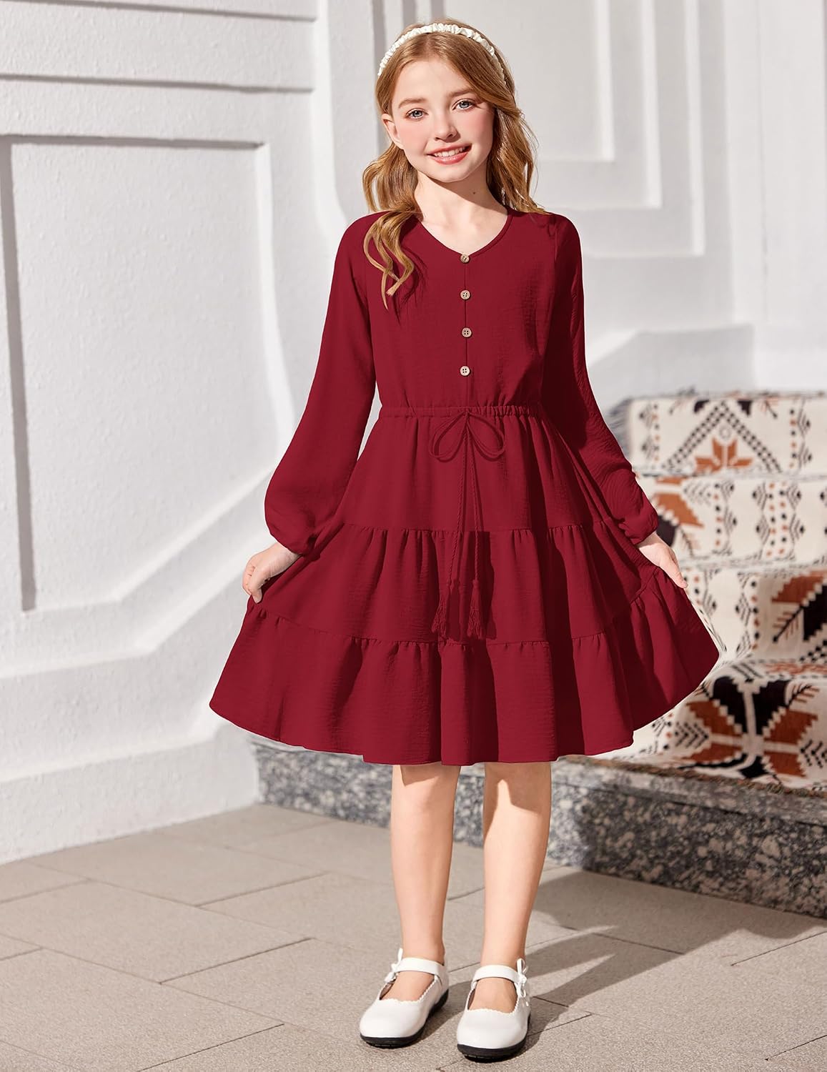 Arshiner Tween Girls Dresses Fall Long Sleeve V Neck Waist Tie Ruffle Tiered Swing Skater Dress