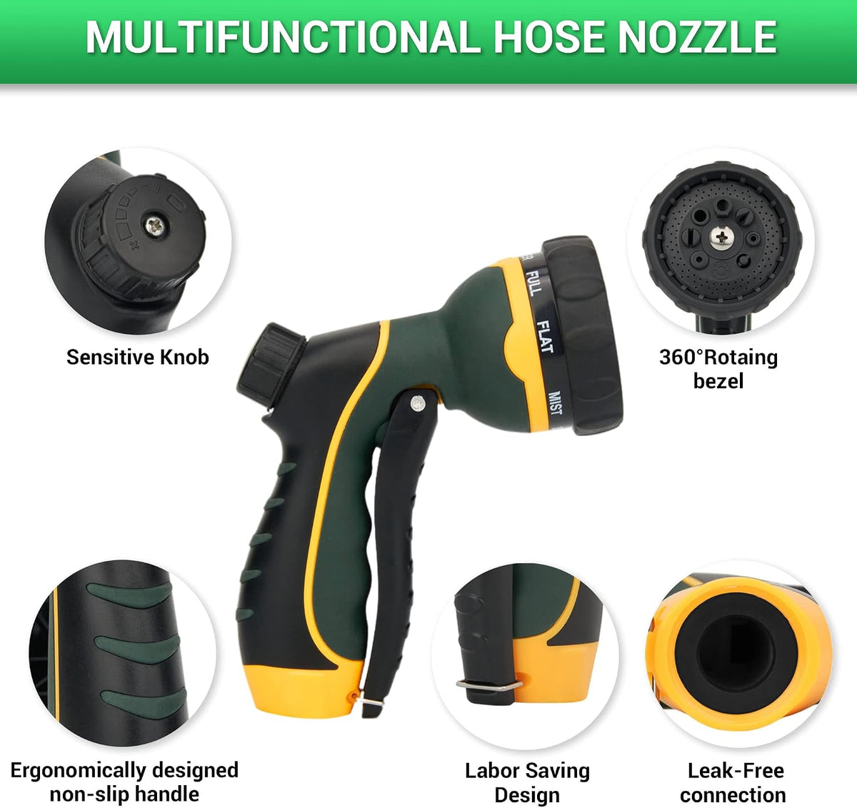 NGreen Garden Hose Sprayer Nozzle - Water Spray with 8 Adjustable Patterns, Impact Resistant and Non-Slip for Watering Plants, Pets Bathing and Cleaning,Car Washing (Green)