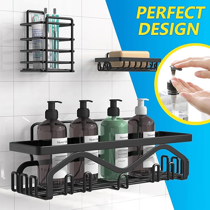 Coraje Shower Caddy, Shower Shelves [5-Pack], Adhesive Shower Organizer No Drilling, Large Capacity, Rustproof Bathroom Shower Organizer, Shower Shelf for Inside Shower (Black)