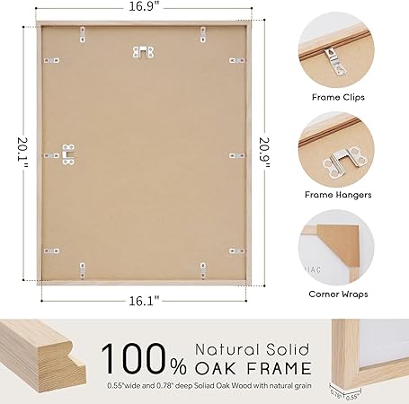 puthiac 16x20 Picture Frames for Wall - Minimalist 16x20 Oak Wood Frames, 16"x20" Picture Frame Wood, Natural Solid Wooden Picture Frames for Wall Art Photo and Prints(1 Pack, Beige)