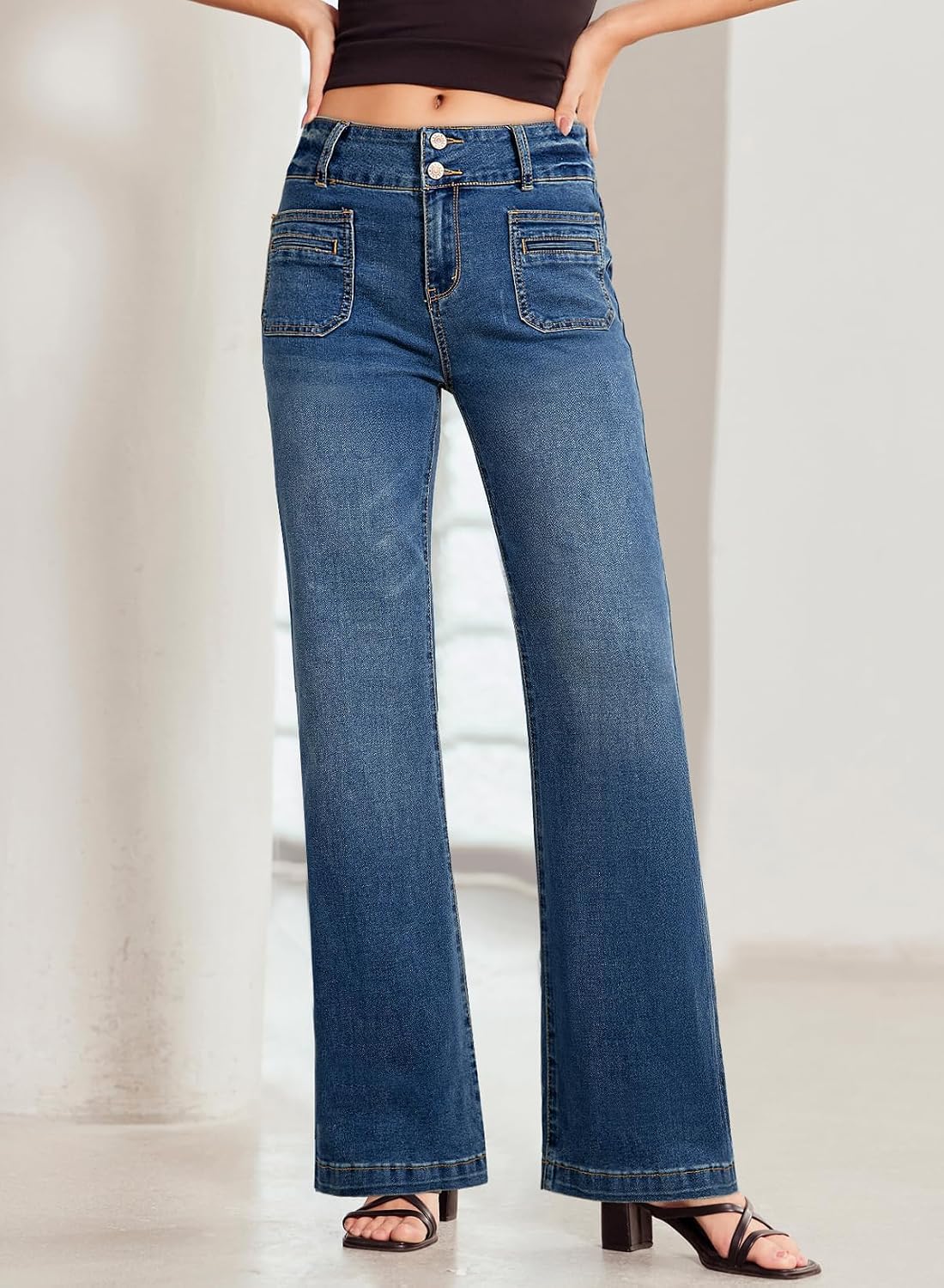 Sidefeel Women's Wide Leg Jeans High Waisted Tummy Control Stretchy Pockets Front Straight Leg Jeans