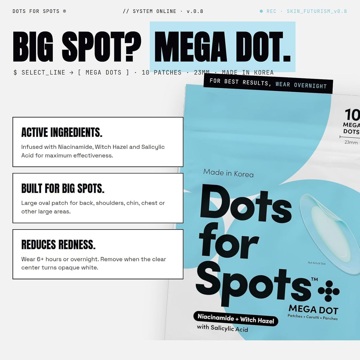 Dots for Spots Large Pimple Patches for Body, Chin, Cheek or Forehead - Includes Active Ingredients Niacinamide, Witch Hazel & Salicylic Acid for Maximum Effectiveness - Reduces Redness (10 patches )