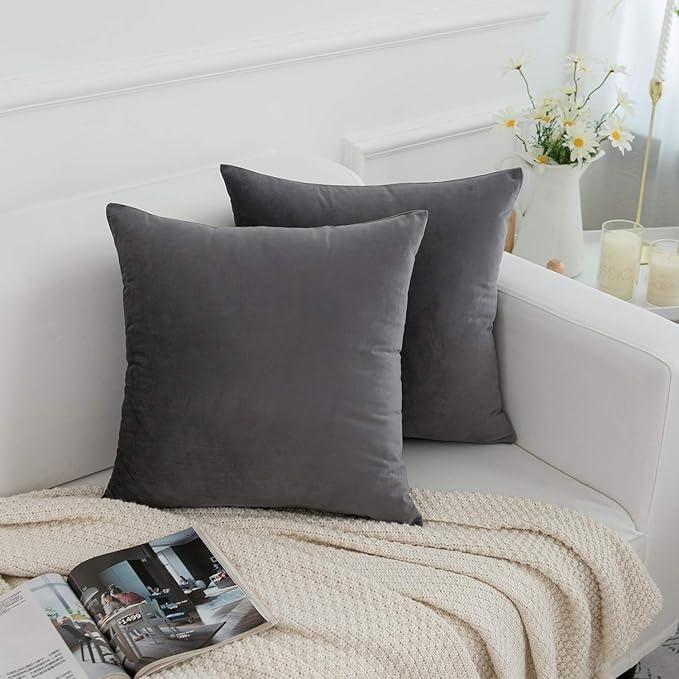 RainRoad Velvet Decorative Throw Pillow Covers Cushion Cover Pillow Case for Sofa Couch Bed Chair,Soft Square Gray Throw Pillows 18x18 Inch,Set of 2
