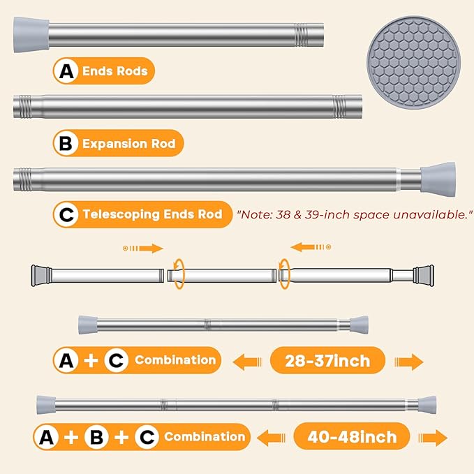 Adjustable Tension Curtain Rod 28-48 Inch, Silver Spring Loaded No Drill Non-Slip Window Curtain Rod for Bathroom, Shower, Dorm