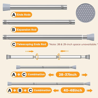 Adjustable Tension Curtain Rod 28-48 Inch, Silver Spring Loaded No Drill Non-Slip Window Curtain Rod for Bathroom, Shower, Dorm
