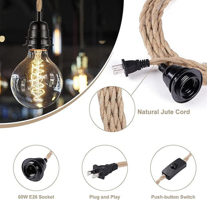 Simple Deluxe 15FT Pendant Light Cord, Suitable E26 Socket with Switch, Twisted Hemp Rope Plug in Hanging Light Kit, for Industrial Retro DIY Decoration