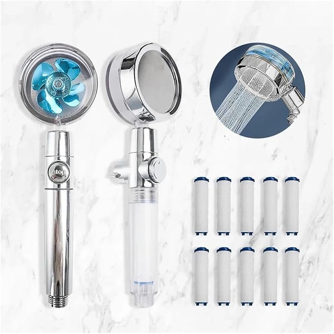 Bathroom 360-degree rotating fan, high-pressure shower head, adjustable shower head filter, bathroom accessories, shower head (blue color, 1 filter, size: 1)