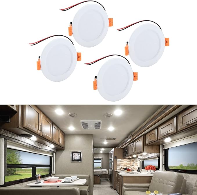 4 Pcs 4in RV Ceiling Dome Light 300LM 6000K Round Downlight Car Interior Lighting WhiteRV Recessed Downlight for Caravan Yacht DC 12V 3W