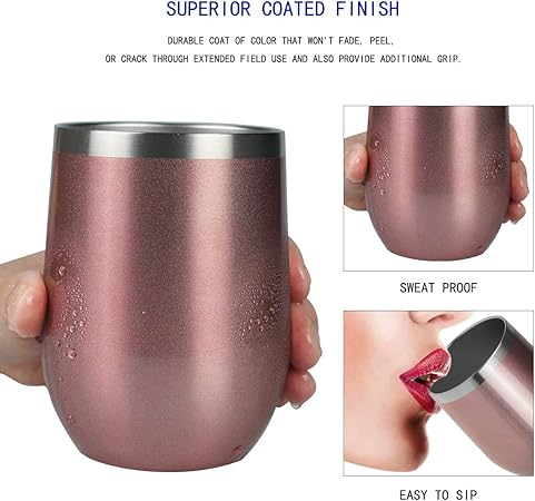 Wine Tumbler - 12 oz Stainless Steel Tumbler with Lid,Stemless Double Wall Vacuum Insulated Travel Cup for Wine,Coffee,Cocktails(Rose Gold,2 Pack)