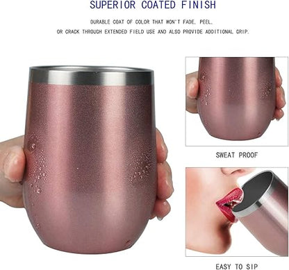 Wine Tumbler - 12 oz Stainless Steel Tumbler with Lid,Stemless Double Wall Vacuum Insulated Travel Cup for Wine,Coffee,Cocktails(Rose Gold,2 Pack)