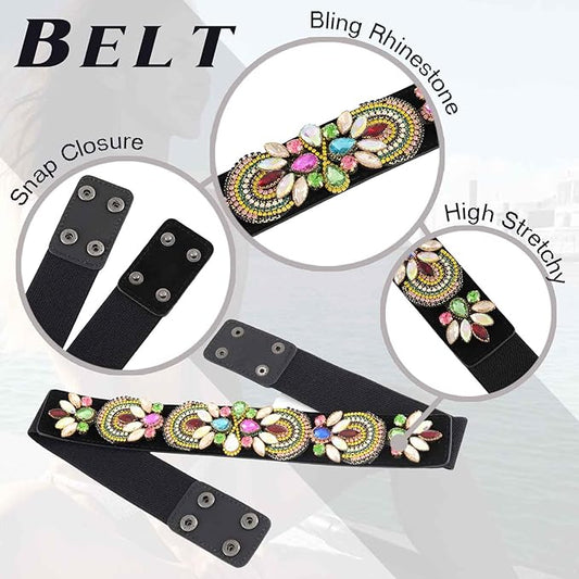 Urieo Rhinestone Stretchy Cinch Belt Crystal Black Elastic Belts Wide Stretch Dress Dresses Ladies Waist Belt for Women