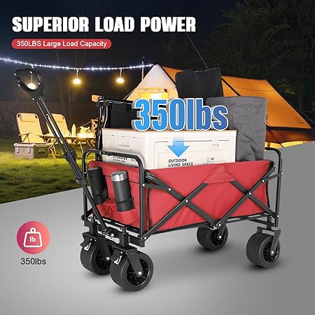 Collapsible Foldable Beach Wagon,Folding Wagon Cart with Big Wheels,Utility Grocery All Terrain Wagons carts Foldable with Brakes for Sand Camping Sports Outdoor(Rose Red).