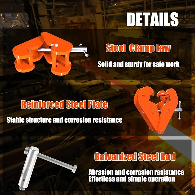 Orange Vertical Beam Clamp - 5 Ton (11000lbs) Capacity, 3.15-12.6Inch Opening Range, Heavy Duty Steel Clamp Tool
