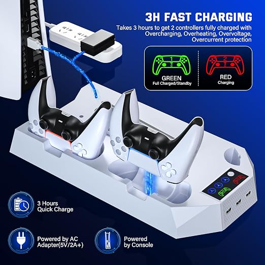 PS5 Slim Cooling Station with Controller Charging Station for PlayStation 5 Console Slim&Standard Disc/Digital, PS5 Cooling Stand Accessories with Cooler Fan/3 USB Hubs/Media&Headset Holder/Screw