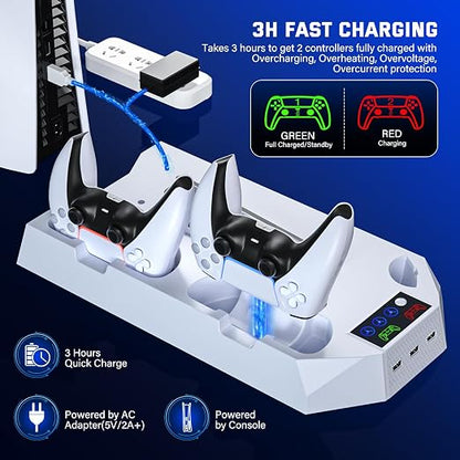 PS5 Slim Cooling Station with Controller Charging Station for PlayStation 5 Console Slim&Standard Disc/Digital, PS5 Cooling Stand Accessories with Cooler Fan/3 USB Hubs/Media&Headset Holder/Screw