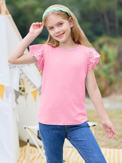 Imily Bela Girls Ruffle Sleeve Shirts Crewneck Eyelet Tops 4-15 Years | Cute summer casual blouse, soft breathable eyelet fabric with ruffle sleeves, comfortable daily shirts for kids