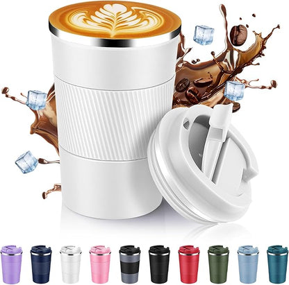 13 oz Stainless Steel Insulated Travel Coffee Mug with Fip Lid,Reusable Double Wall Vacuum Metal Coffee Cup,Portable to Go Leak Proof Cafe Thermal Tumbler for Hot & Cold Drinks(White,1)
