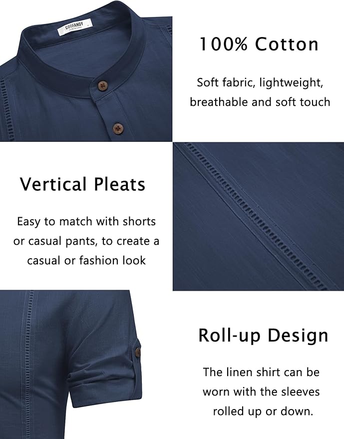 COOFANDY Men's Cotton Linen Henley Shirt Short Sleeve Hippie Casual Band Collar Summer Beach T-Shirts