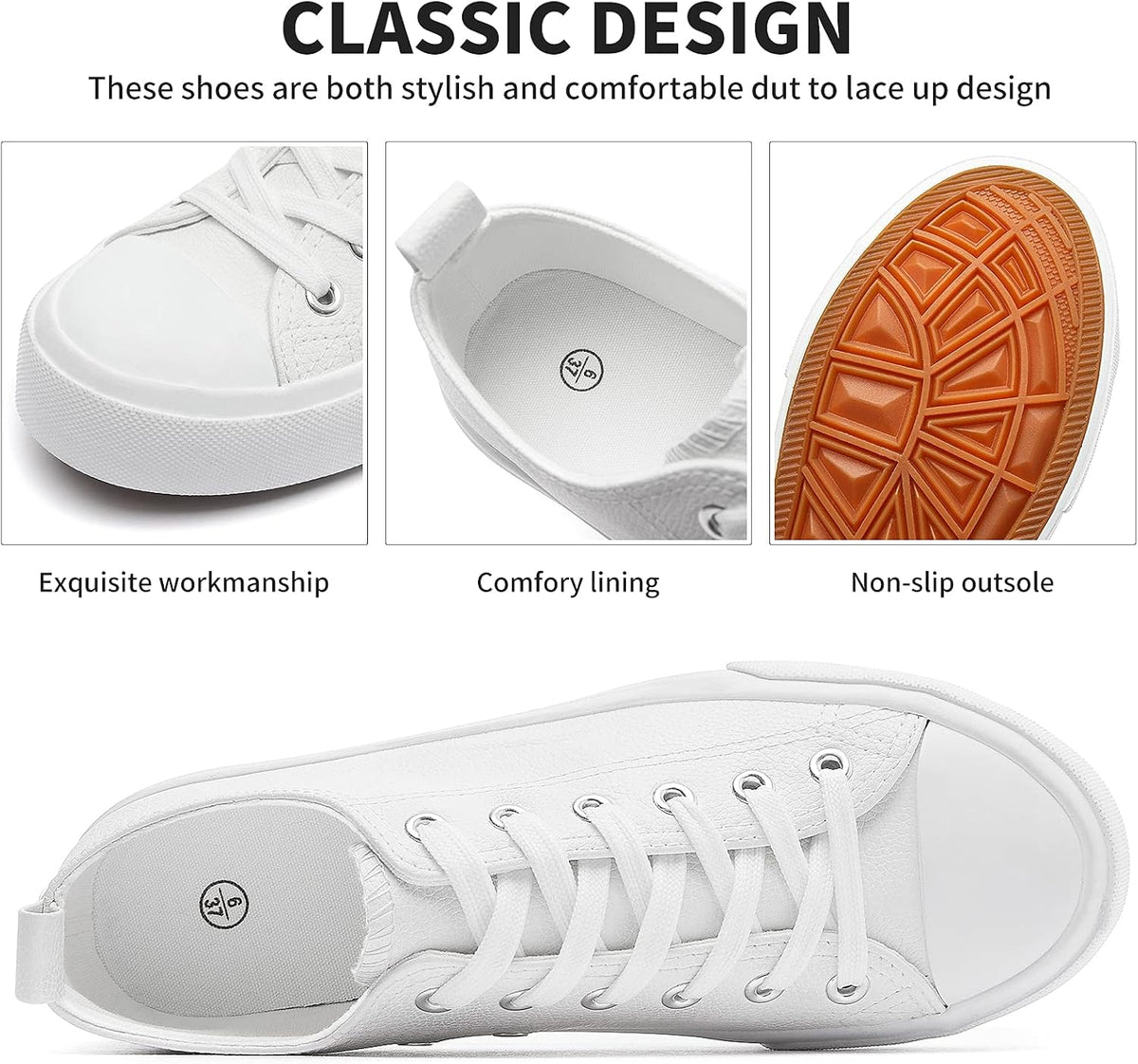 Size 6 These water-resistant, easy-to-clean FRACORA women's sneakers feature a soft, comfortable sole and a convenient back strap for easy on and off.
