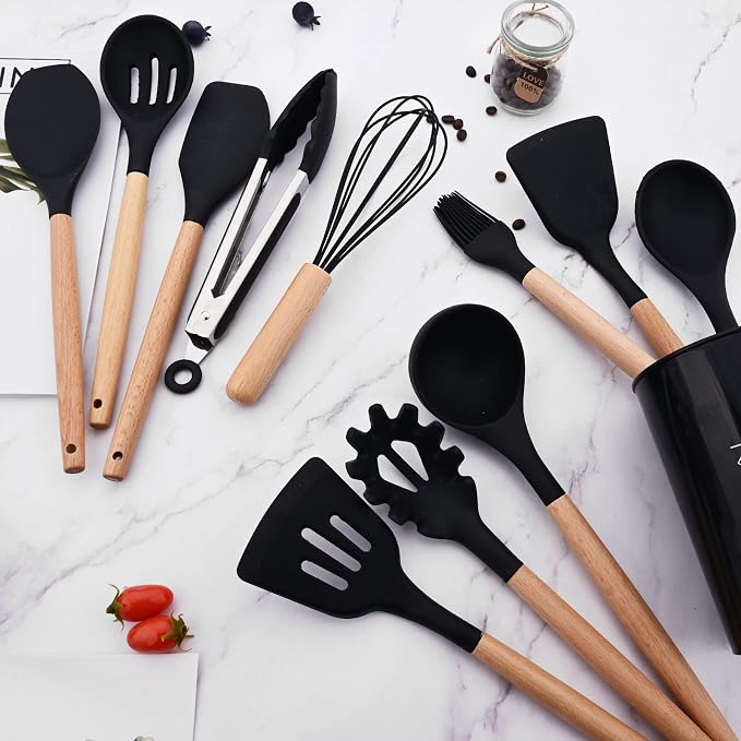 1pcs Black Silicone Balloon Whisk,Heat Resistant Non Scratch Coated Kitchen Whisk with Wooden Handle for Blending Whisking Beating Stirring Cooking Backing