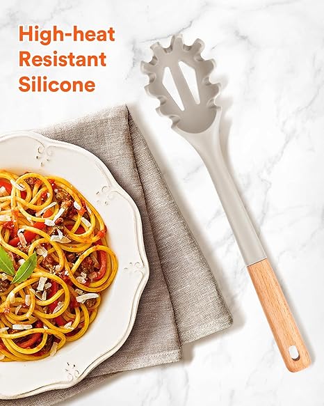 Silicone Pasta Fork, Kitchen Heat Resistant Noodle Spoon Server, BPA Free Spaghetti Strainer,12.8 inch (Khaki)