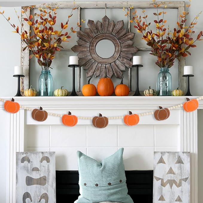 DAZONGE Thankgiving Decorations for Home, Felt Pumpkin Bead Garland for Thanksgiving Decor, Fall Thanksgiving Banner for Mantle Wall Decor