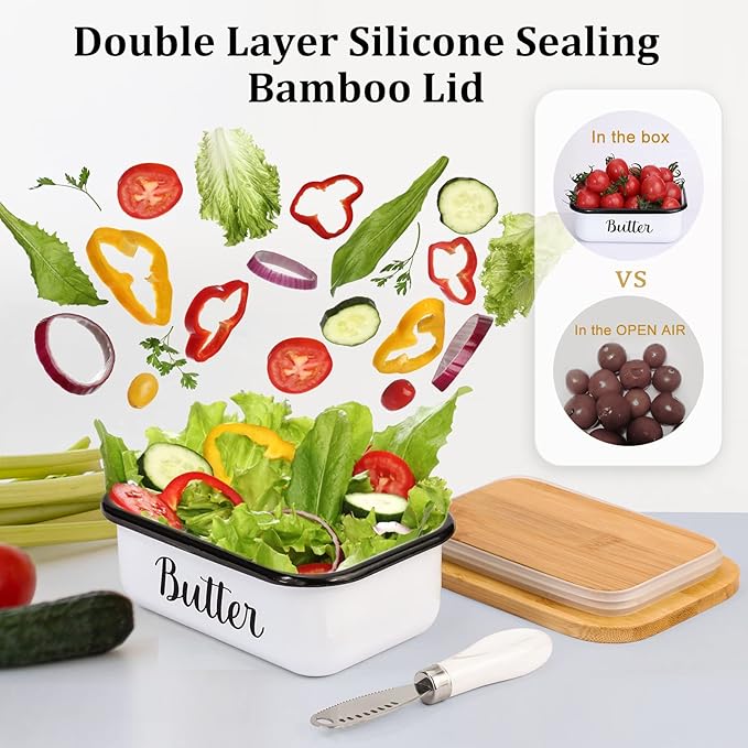 LANDNEOO Butter Dish with Lid and Butter Curler Knife - Unbreakable Stainless Steel Keeper Container with Double Silicone Sealing, for Kitchen Farmhouse Decor