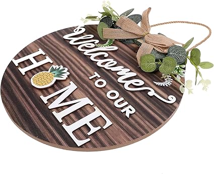 LUOZZY Wooden Welcome to Our Home Hanging Sign for Front Door Interchangeable Farmhouse Welcome Sign Rustic Wooden Hanging Sign with Changeable Ornaments