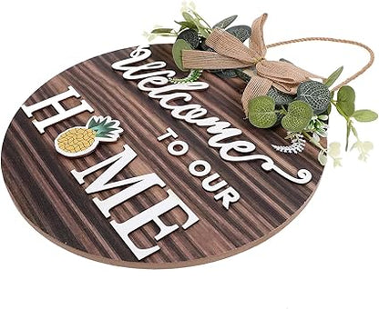 LUOZZY Wooden Welcome to Our Home Hanging Sign for Front Door Interchangeable Farmhouse Welcome Sign Rustic Wooden Hanging Sign with Changeable Ornaments