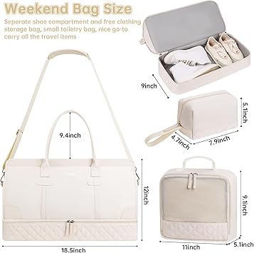 ETRONIK Weekender Overnight Bags for Women, Large Travel Duffle Bags with Shoe Compartment  Wet Pocket, Carry On Tote Bag Gym Duffel Bag with Toiletry Bags for Hospital 3 Pcs Set, Large Size, Beige