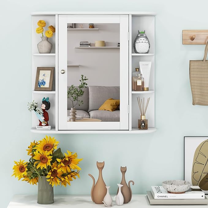 Tangkula Bathroom Medicine Cabinet with Mirror, Wall Mounted Home Storage with Door & 6 Open Shelves, Adjustable Shelves, Mirrored Bathroom Wall Cabinet (White)